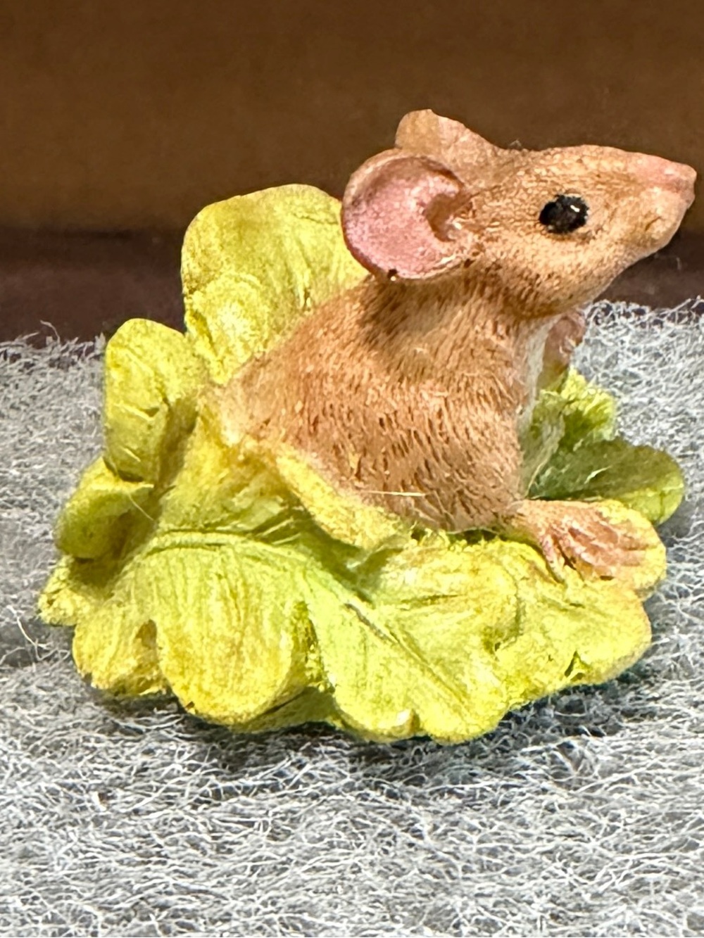 Cute Brown Mouse Figurine on Green Leaf - Small Pets Decor for fairy garden.